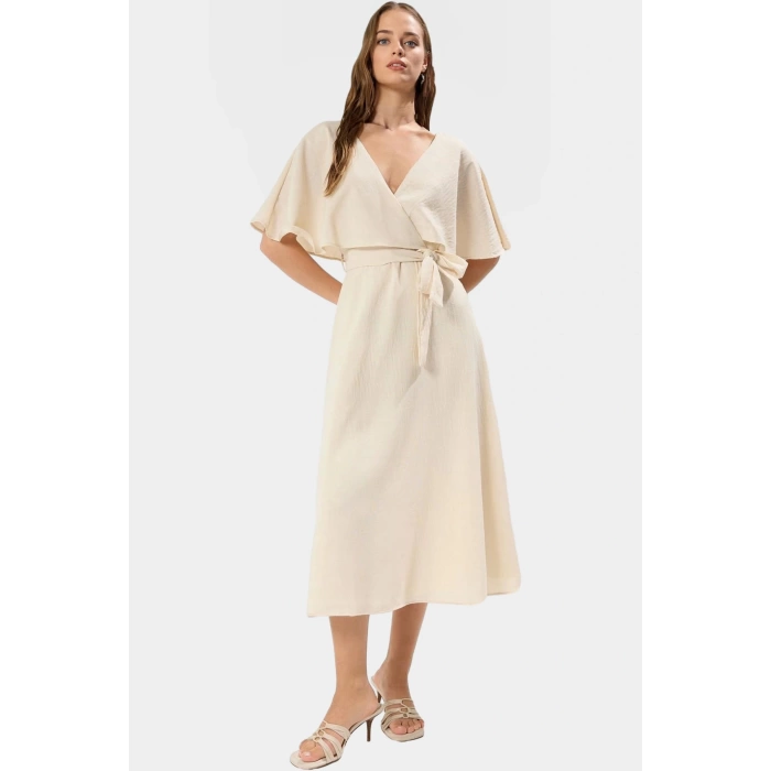 Pelerin Detaylı A Kesim Elbise  Polyester Midi Boy Rahat Kalıp Trend Tasarım