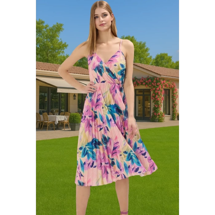 Pileli Midi Elbise Polyester Örme Yazlık Günlük Şık Özenle Seçilmiş Modern Stil Zarifane Tasarım