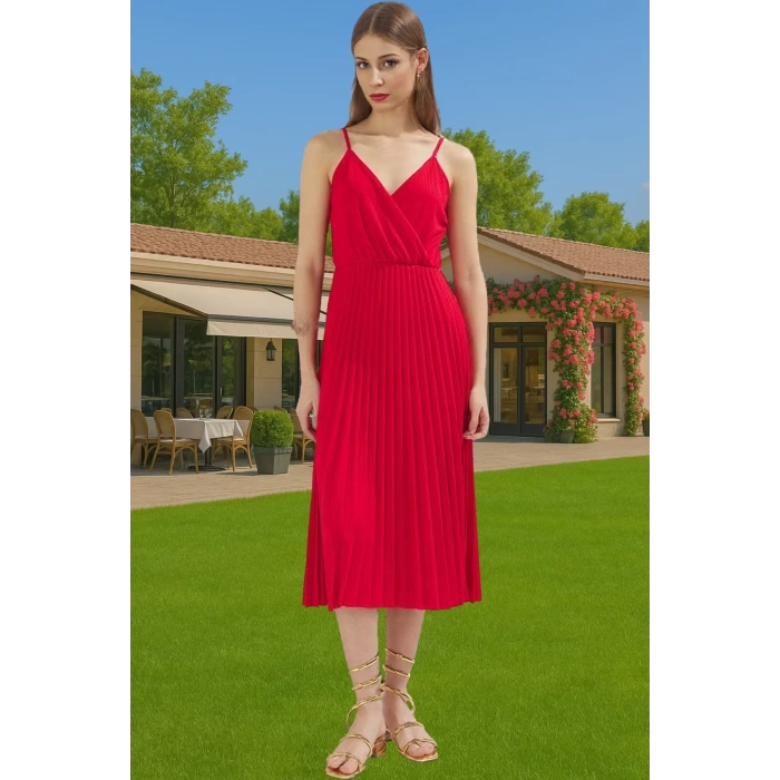 Pileli Midi Elbise Polyester Örme Yazlık Günlük Şık Özenle Seçilmiş Modern Stil Zarifane Tasarım