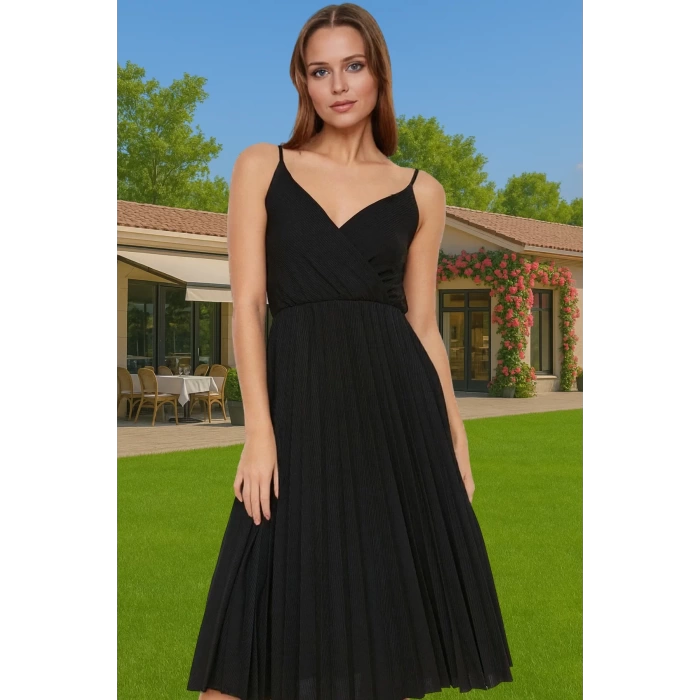 Pileli Midi Elbise Polyester Örme Yazlık Günlük Şık Özenle Seçilmiş Modern Stil Zarifane Tasarım