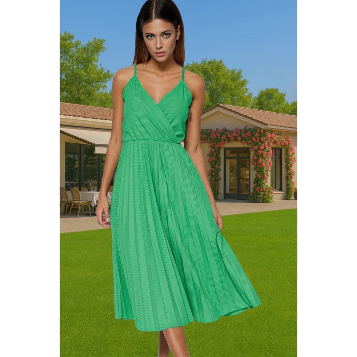 Pileli Midi Elbise Polyester Örme Yazlık Günlük Şık Özenle Seçilmiş Modern Stil Zarifane Tasarım