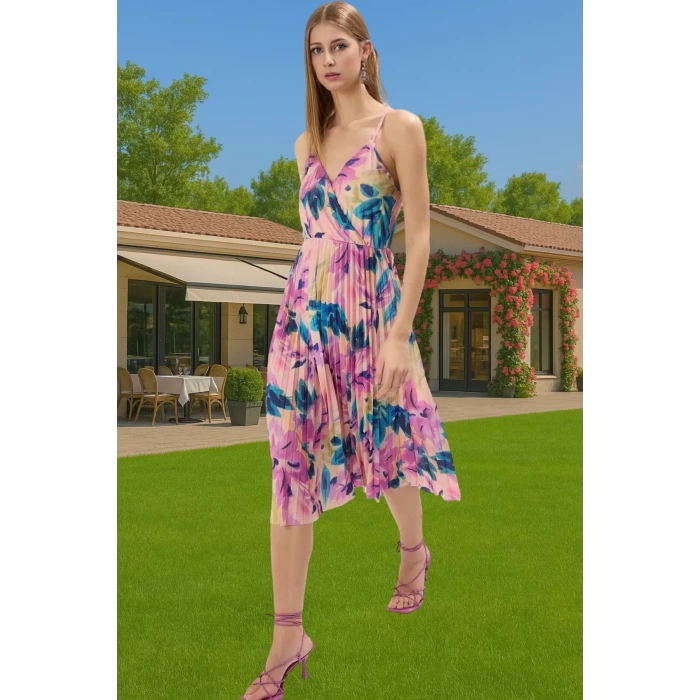 Pileli Midi Elbise Polyester Örme Yazlık Günlük Şık Özenle Seçilmiş Modern Stil Zarifane Tasarım