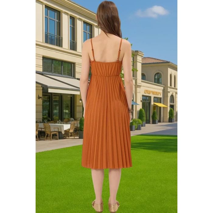Pileli Midi Elbise Polyester Örme Yazlık Günlük Şık Özenle Seçilmiş Modern Stil Zarifane Tasarım