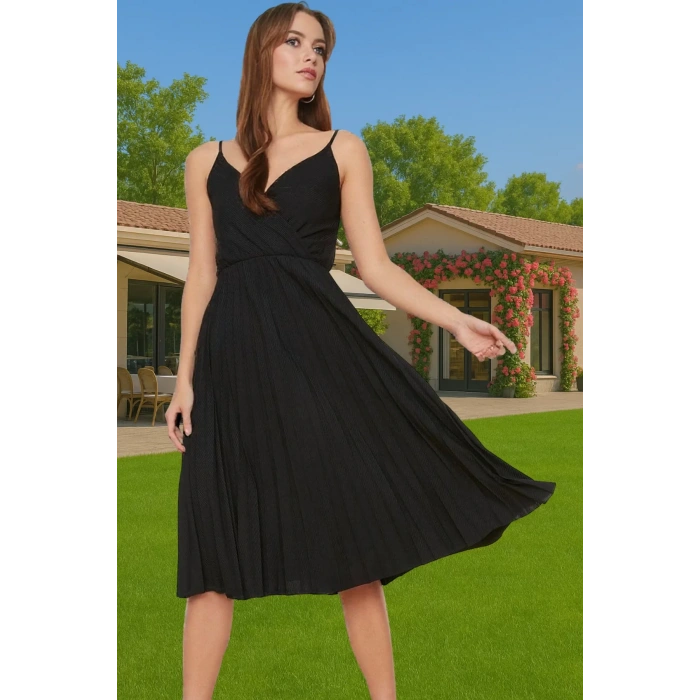 Pileli Midi Elbise Polyester Örme Yazlık Günlük Şık Özenle Seçilmiş Modern Stil Zarifane Tasarım