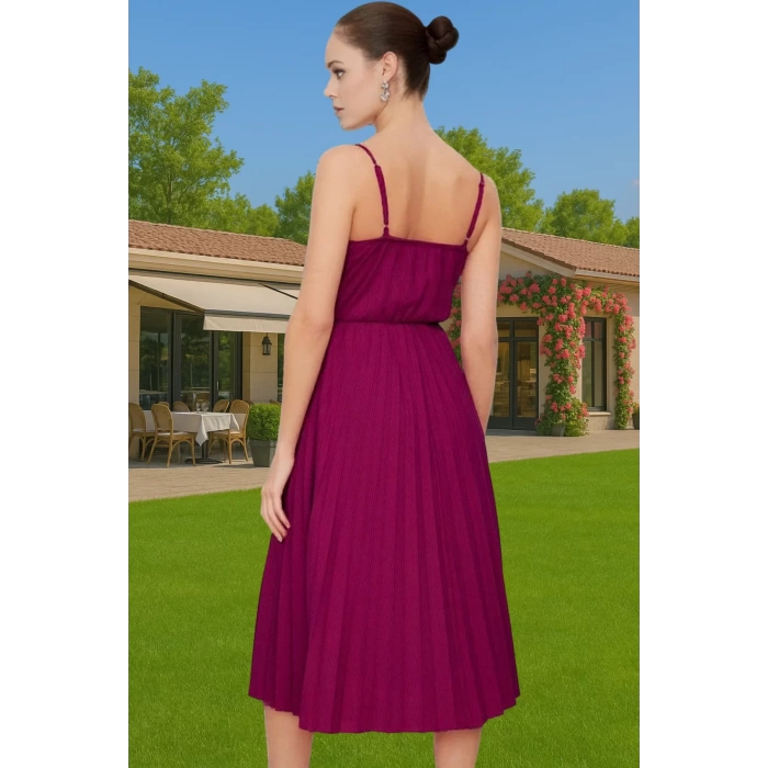 Pileli Midi Elbise Polyester Örme Yazlık Günlük Şık Özenle Seçilmiş Modern Stil Zarifane Tasarım