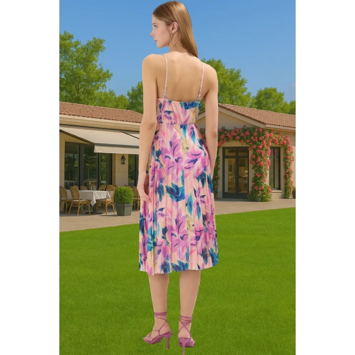 Pileli Midi Elbise Polyester Örme Yazlık Günlük Şık Özenle Seçilmiş Modern Stil Zarifane Tasarım