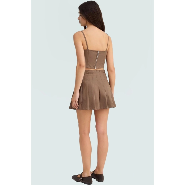 Piliseli Etekli Crop Bluz Takım Gabardin Dokuma Yazlık Günlük Rahat Kullanım Mükemmel Uyum