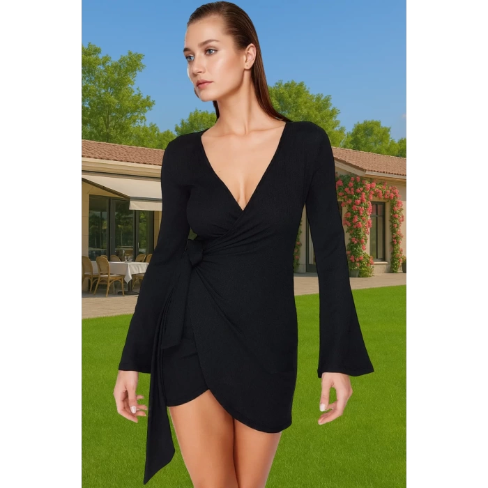 Plaj Elbisesi Kadın Mini V Yaka Bağlamalı Krep Dokuma Yazlık Modern Stil Modern Stil Özel Tasarım