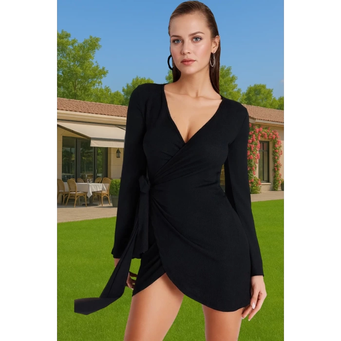 Plaj Elbisesi Kadın Mini V Yaka Bağlamalı Krep Dokuma Yazlık Modern Stil Modern Stil Özel Tasarım