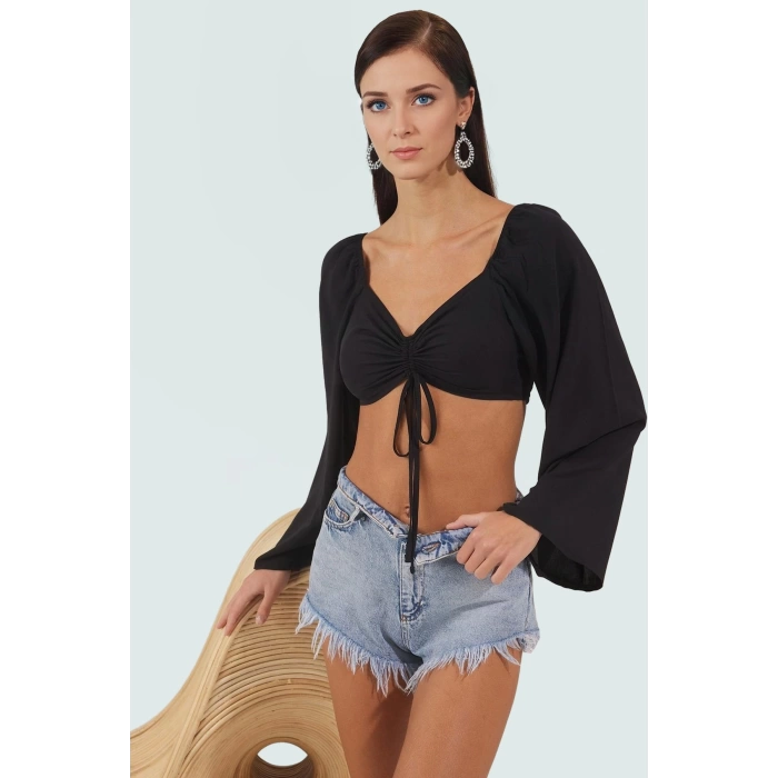 Plaj için İdeal Dokuma Fitted Bluz Degaje Yaka Uzun Kollu Şık Görünüm Rahat Ve