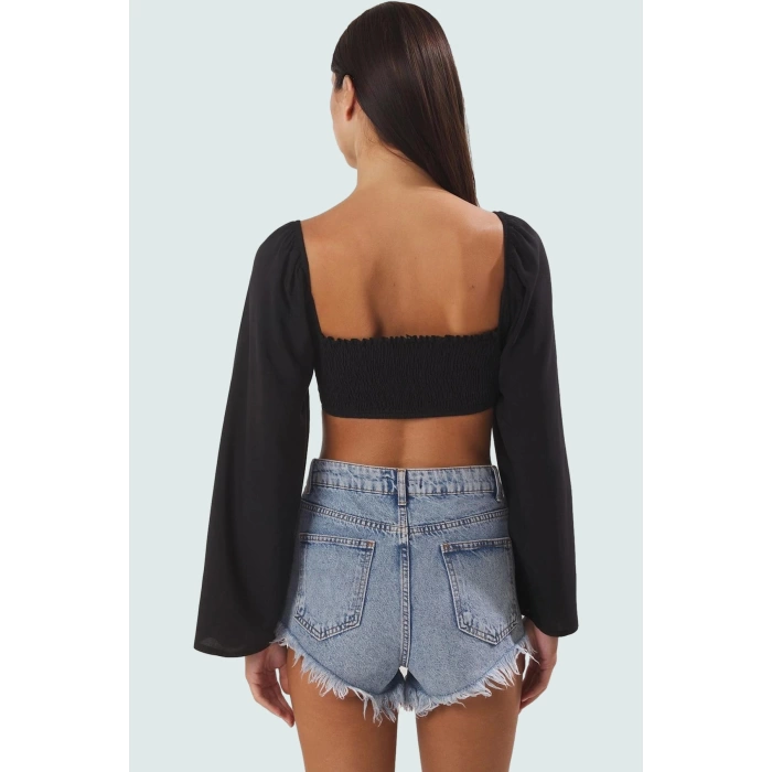 Plaj için İdeal Dokuma Fitted Bluz Degaje Yaka Uzun Kollu Şık Görünüm Rahat Ve