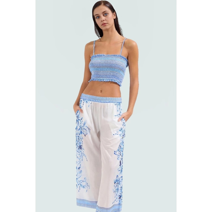 Plaj için Mükemmel Çiçek Desenli Terrycotton Kumaşlı Bluz Pantolon Takım Dayanıklı Malzeme