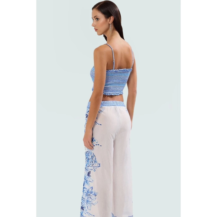 Plaj için Mükemmel Çiçek Desenli Terrycotton Kumaşlı Bluz Pantolon Takım Dayanıklı Malzeme