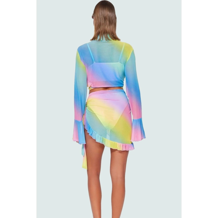 Plaj için Örme Mesh Bluz Etek Takım Degrade Desenli V Yaka Fitted Konforlu Kesim Modern Stil