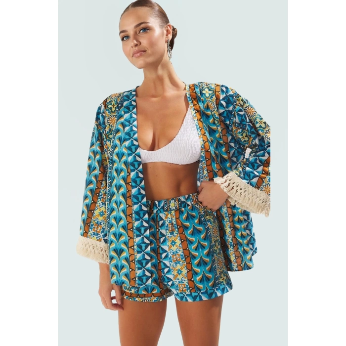 Plaj Kimono Şort Takım Çok Etnik Desenli Pamuklu Yazlık Rahat Şık Görünüm Dayanıklı Malzeme