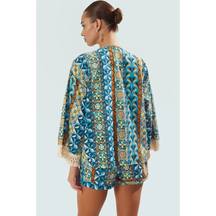 Plaj Kimono Şort Takım Çok Etnik Desenli Pamuklu Yazlık Rahat Şık Görünüm Dayanıklı Malzeme