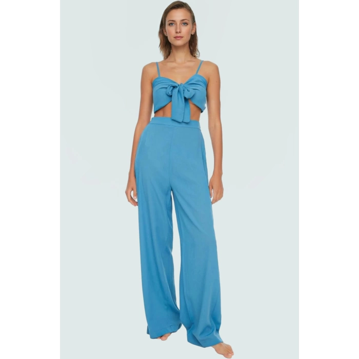 Plaj Şıklığı Crinkle Dokuma Bluz Pantolon Takımı Modern Stil Rahat Ve Şık Görünüm