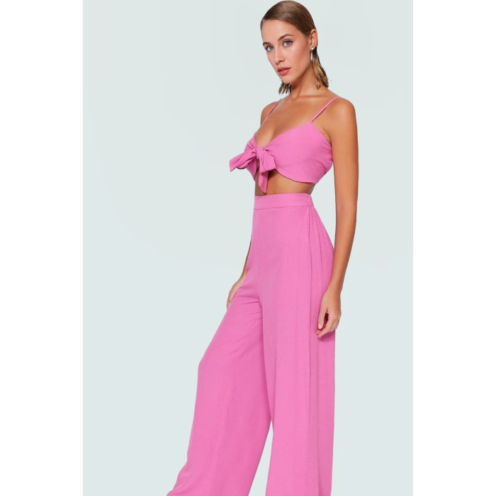 Plaj Şıklığı Crinkle Dokuma Bluz Pantolon Takımı Modern Stil Rahat Ve Şık Görünüm
