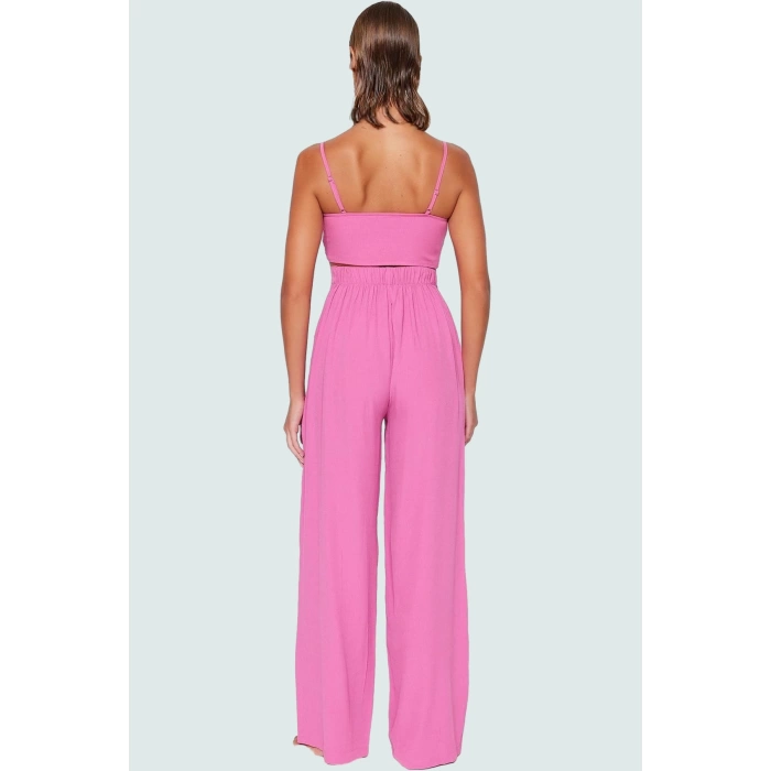 Plaj Şıklığı Crinkle Dokuma Bluz Pantolon Takımı Modern Stil Rahat Ve Şık Görünüm