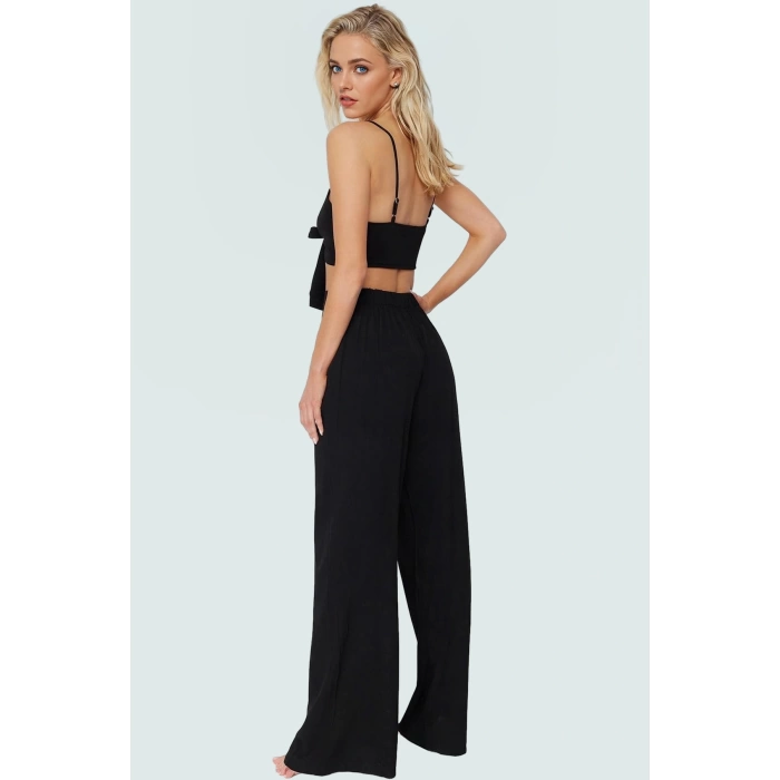 Plaj Şıklığı Crinkle Dokuma Bluz Pantolon Takımı Modern Stil Rahat Ve Şık Görünüm