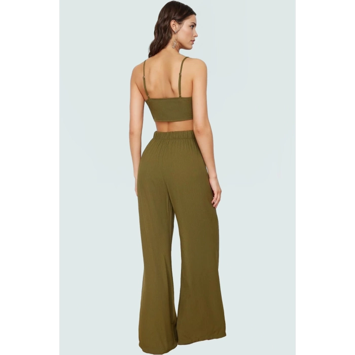 Plaj Şıklığı Crinkle Dokuma Bluz Pantolon Takımı Modern Stil Rahat Ve Şık Görünüm