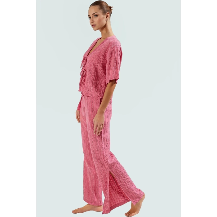Plaj Şıklığı Dokuma Keten Karışımlı Rahat Pantolon Takım Trend Tasarım Modern Stil