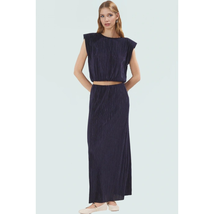 Plise Detaylı Polyester Örme Yazlık Kadın Bluz Etek Takım Günlük Kullanım İçin
