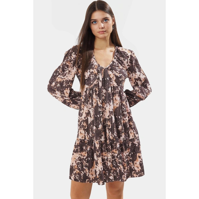 Plise Mini Elbise Soyut Desenli V Yaka Örme Polyester Yazlık Rahat Ve Şık Mükemmel Uyum