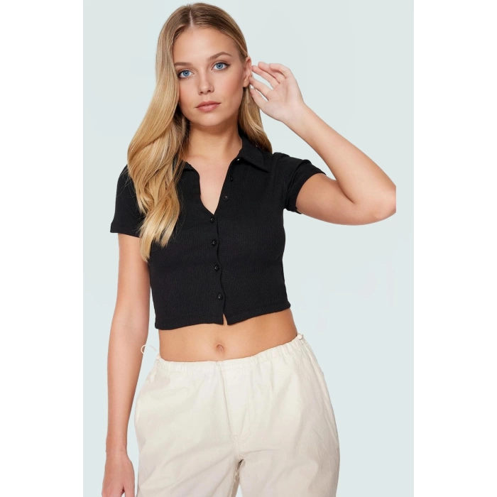 Polo Yaka Kısa Kollu Crop Bluz Pamuk Polyester Örme Yazlık Dayanıklı Malzeme Seçkin