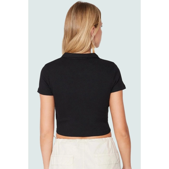 Polo Yaka Kısa Kollu Crop Bluz Pamuk Polyester Örme Yazlık Dayanıklı Malzeme Seçkin