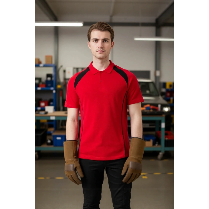 Polo Yaka Tişört GriKırmızı Detaylar İş Güvenliği Vancelya shirt Nefes Alabilir Şık Rahat Günlük