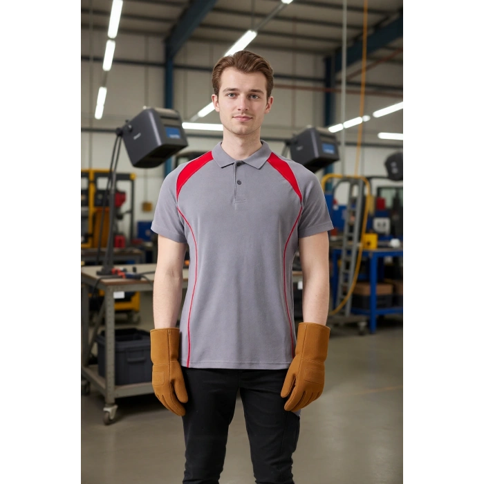 Polo Yaka Tişört GriKırmızı Detaylar İş Güvenliği Vancelya shirt Nefes Alabilir Şık Rahat Günlük