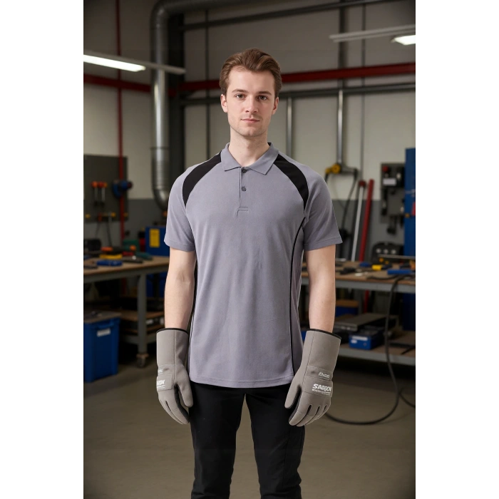 Polo Yaka Tişört GriKırmızı Detaylar İş Güvenliği Vancelya shirt Nefes Alabilir Şık Rahat Günlük