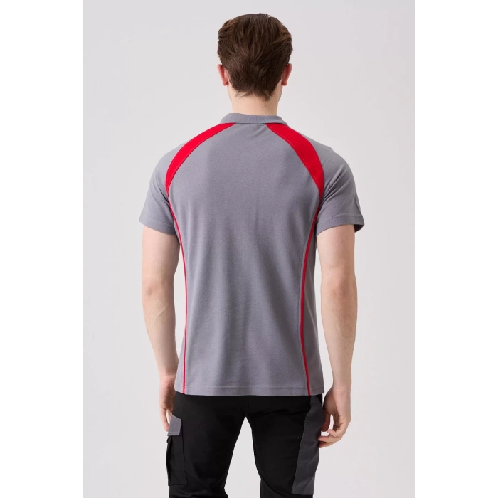 Polo Yaka Tişört GriKırmızı Detaylar İş Güvenliği Vancelya shirt Nefes Alabilir Şık Rahat Günlük