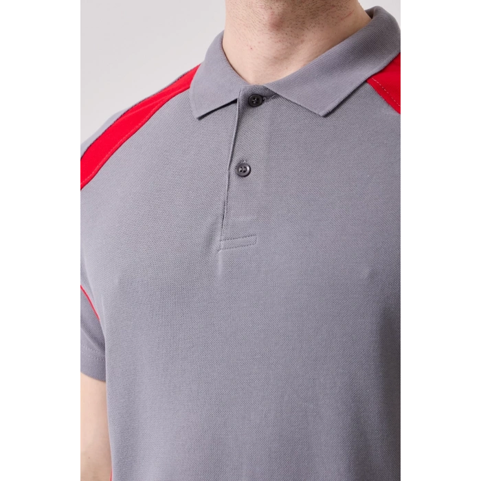 Polo Yaka Tişört GriKırmızı Detaylar İş Güvenliği Vancelya shirt Nefes Alabilir Şık Rahat Günlük
