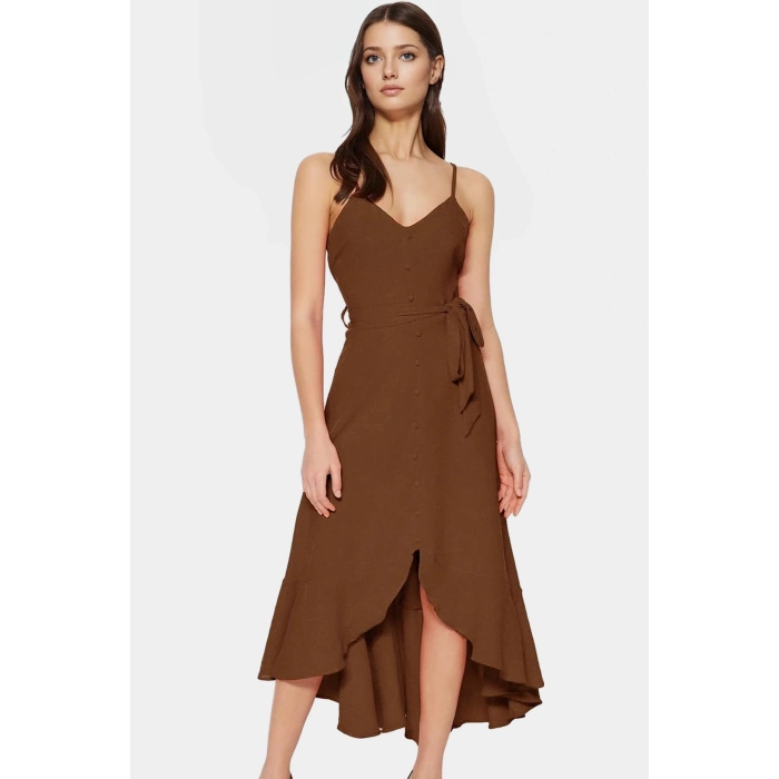 Polyester A Line Maxi Elbise Kolsuz Kuşak Detaylı Rahat ve Şık Yüksek Kalite Konforlu Kesim