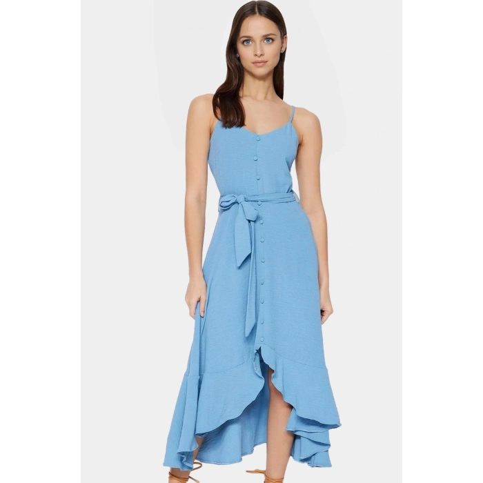 Polyester A Line Maxi Elbise Kolsuz Kuşak Detaylı Rahat ve Şık Yüksek Kalite Konforlu Kesim
