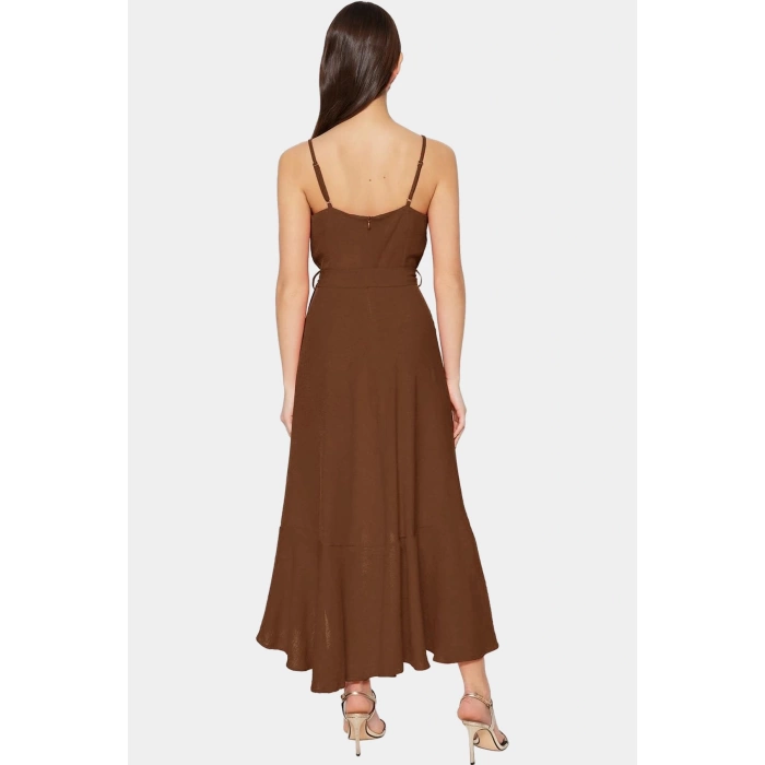 Polyester A Line Maxi Elbise Kolsuz Kuşak Detaylı Rahat ve Şık Yüksek Kalite Konforlu Kesim