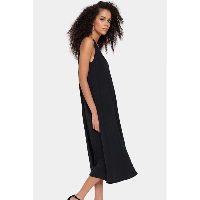 Polyester Aerobin Dokuma Midi Elbise V Yaka Shift Kalıp Modern Stil