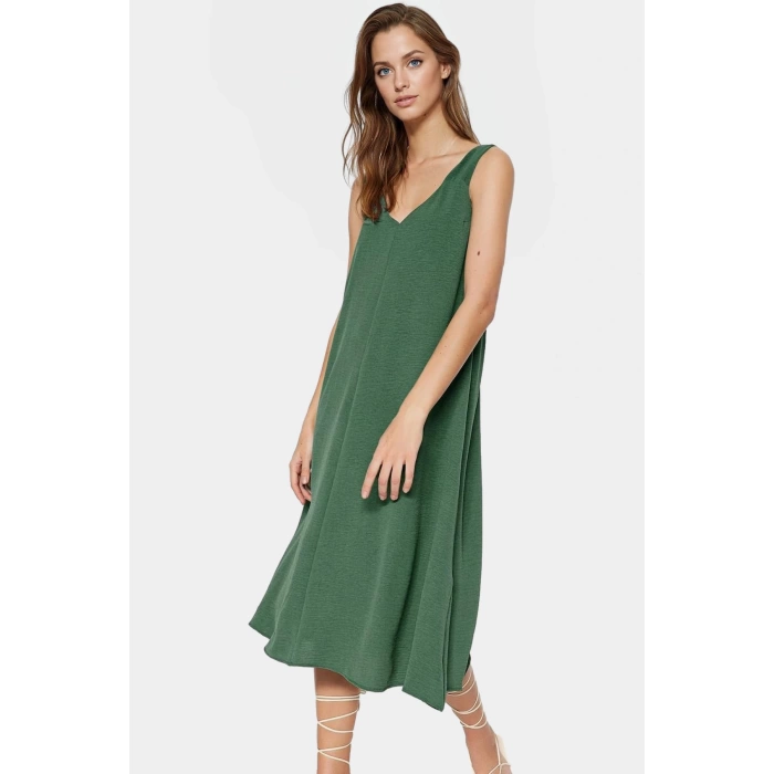 Polyester Aerobin Dokuma Midi Elbise V Yaka Shift Kalıp Modern Stil