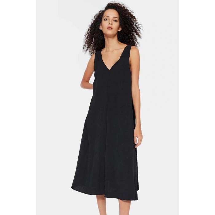 Polyester Aerobin Dokuma Midi Elbise V Yaka Shift Kalıp Modern Stil
