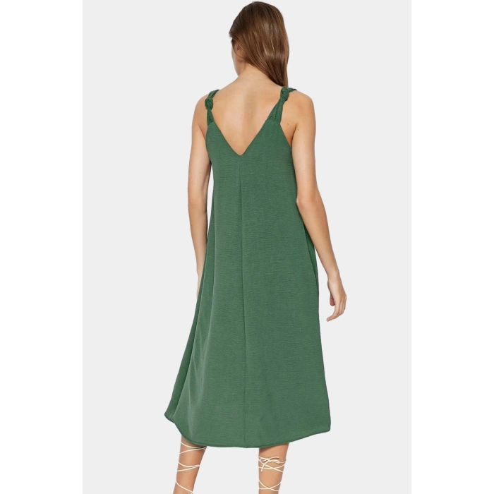 Polyester Aerobin Dokuma Midi Elbise V Yaka Shift Kalıp Modern Stil