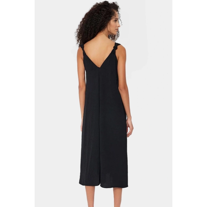 Polyester Aerobin Dokuma Midi Elbise V Yaka Shift Kalıp Modern Stil