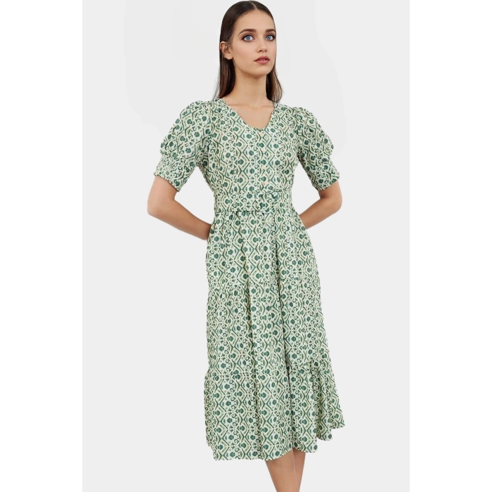 Polyester Dokuma Kumaştan Üretilmiş Kemerli Etnik Desenli Midi Elbise Kaliteli İşçilik