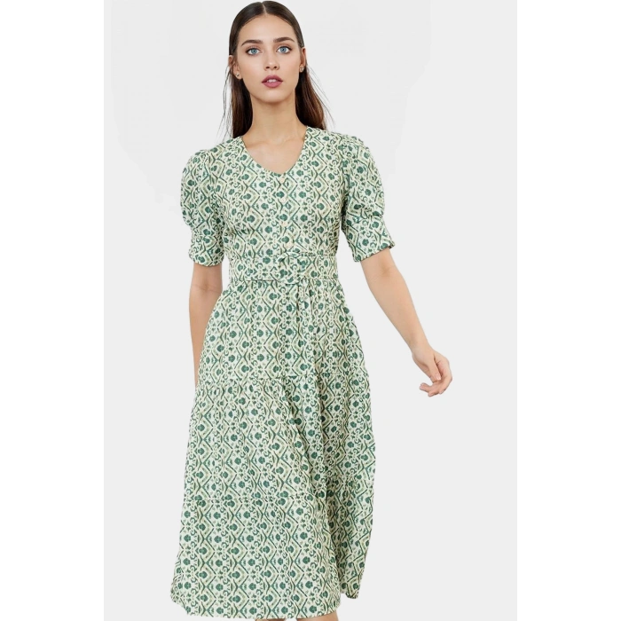 Polyester Dokuma Kumaştan Üretilmiş Kemerli Etnik Desenli Midi Elbise Kaliteli İşçilik