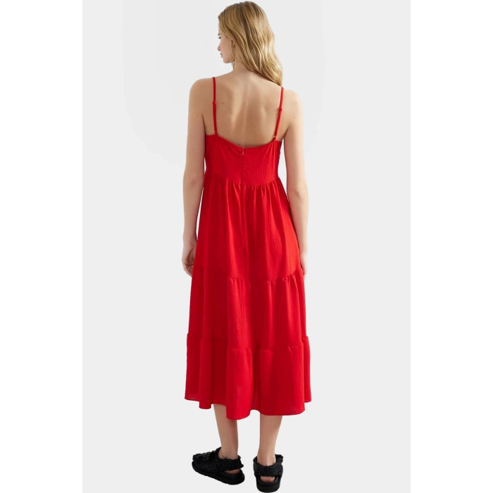 Polyester Dokuma Midi Elbise Renk Skater Kalıp Kolsuz Belden Açılan Etek Mükemmel Uyum