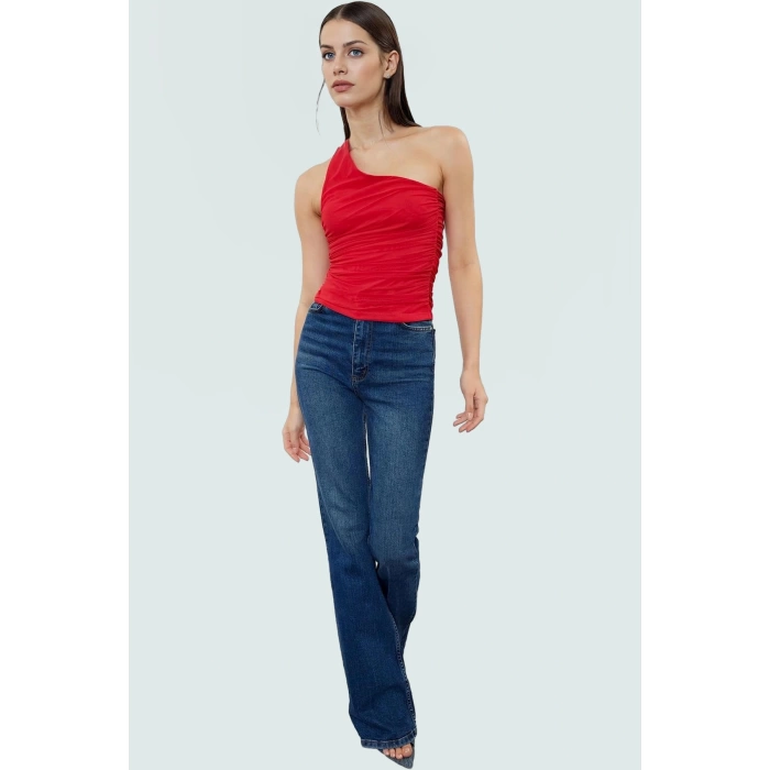 Polyester Elastan Bluz Bağlamalı Asimetrik Yaka Kolsuz Fitted Kalıp Yazlık