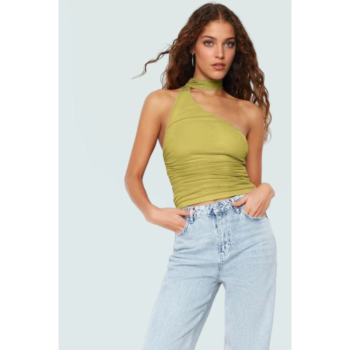 Polyester Elastan Bluz Bağlamalı Asimetrik Yaka Kolsuz Fitted Kalıp Yazlık
