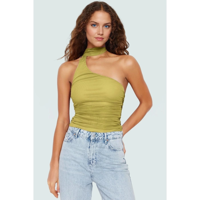 Polyester Elastan Bluz Bağlamalı Asimetrik Yaka Kolsuz Fitted Kalıp Yazlık