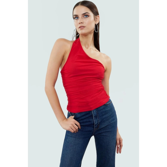Polyester Elastan Bluz Bağlamalı Asimetrik Yaka Kolsuz Fitted Kalıp Yazlık